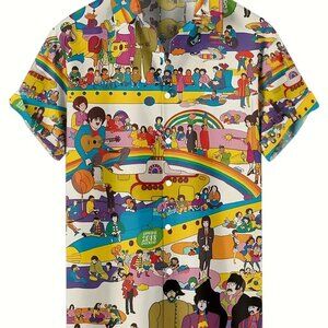 Retro Graphic Print Short Sleeve The Beatles Button Down Shirt Size: XL